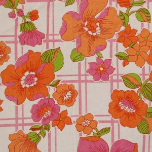 70*55 レトロ 格子 花 ピンク オレンジ