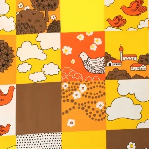 55*60 レトロ 鳥 花 雲 パネル オレンジ