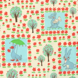 55*65 赤い花 ウサギ アヒル 木 レトロアニマル