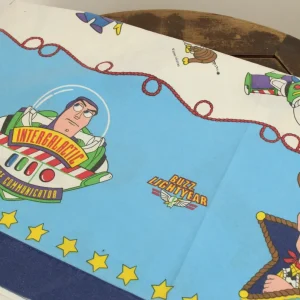 155*135 シーツ解体生地  トイ・ストーリー 白 ロゴ 水色