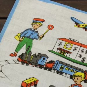 レトロハンカチ 子供 機関車 おもちゃ ブルー