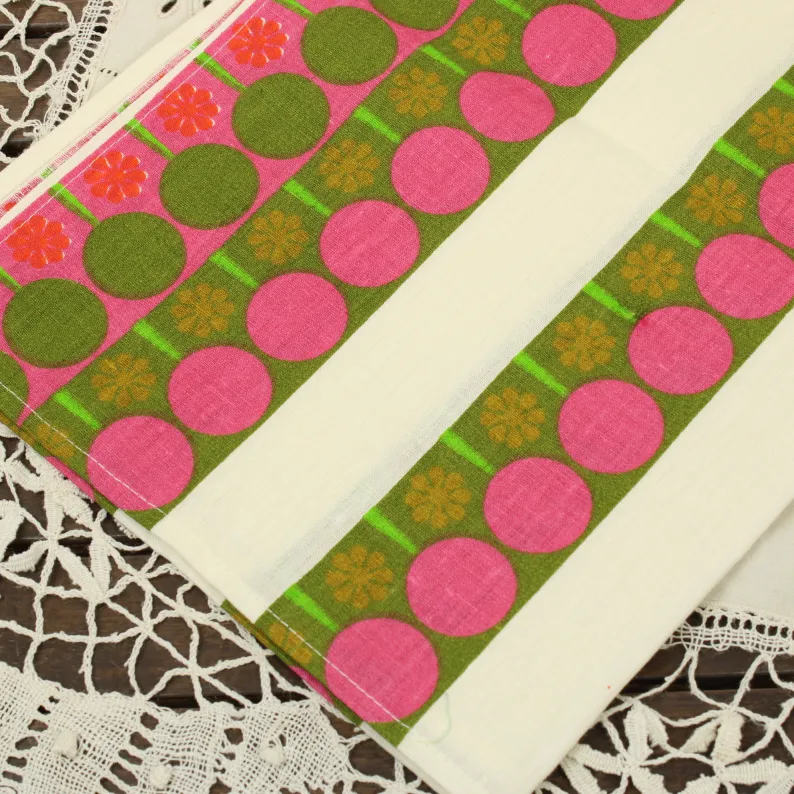 コットンリネン キッチンクロス レトロパターン ピンク