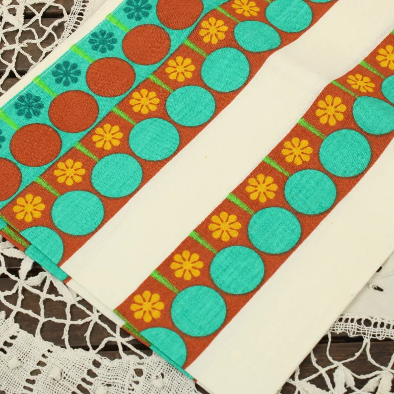 コットンリネン レトロパターン ターコイズ