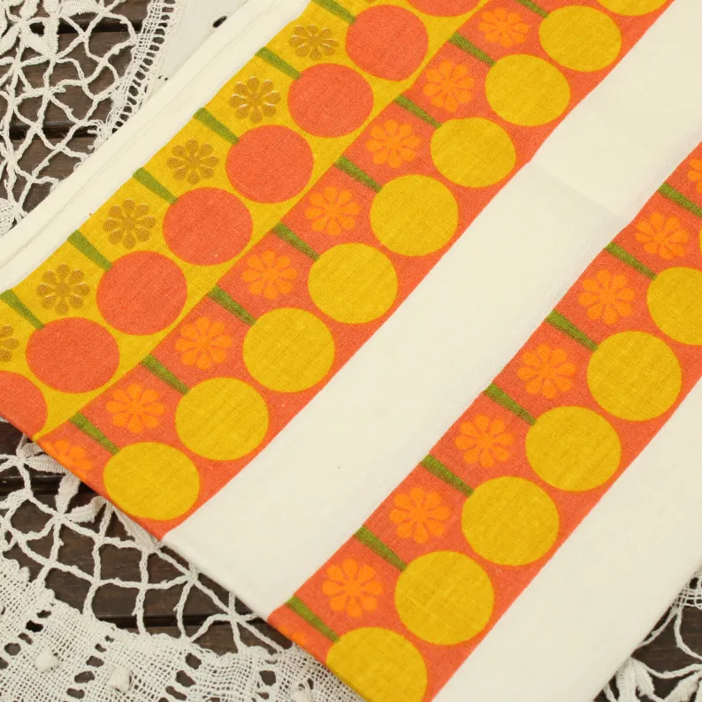 コットンリネン キッチンクロス レトロパターン オレンジ