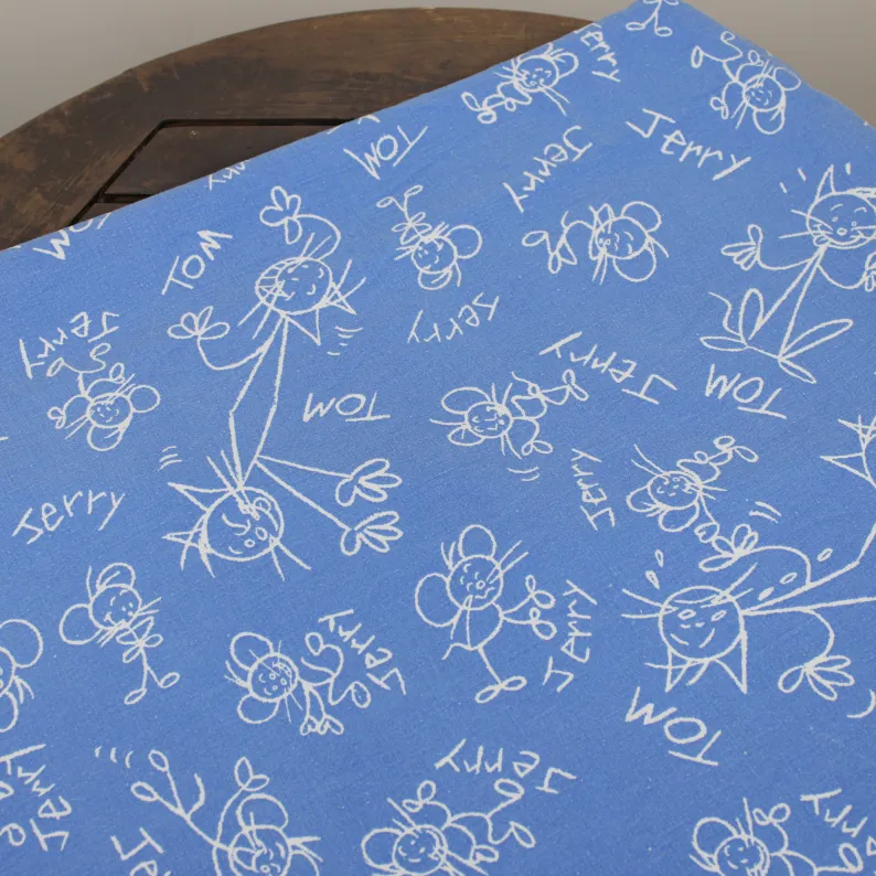 125*85 シーツ解体生地 トム＆ジェリー 落書き 青 イラスト