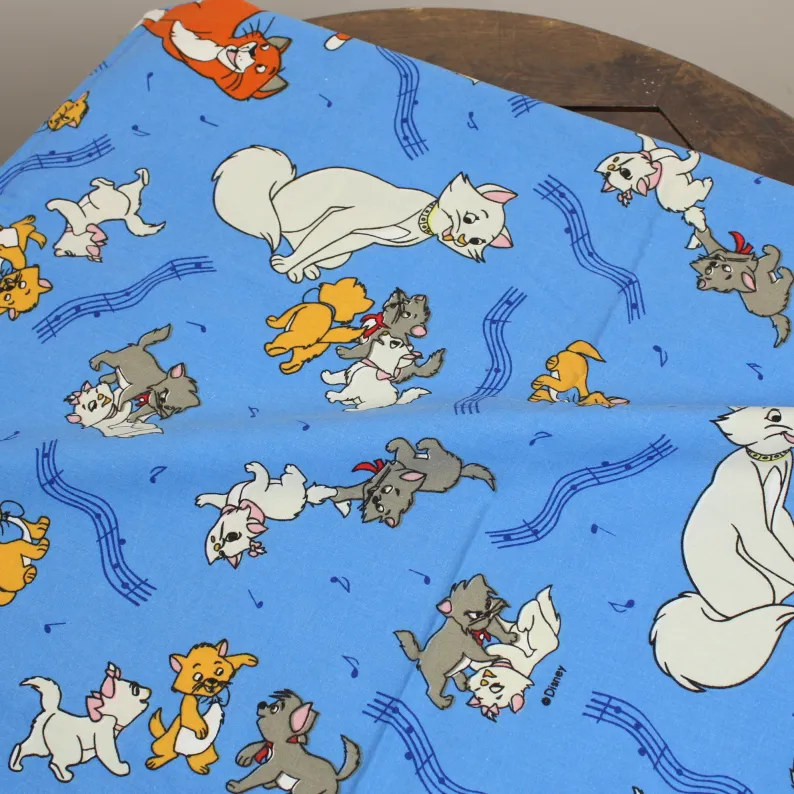 130*90 シーツ解体生地  おしゃれキャット 楽譜 音符 ブルー