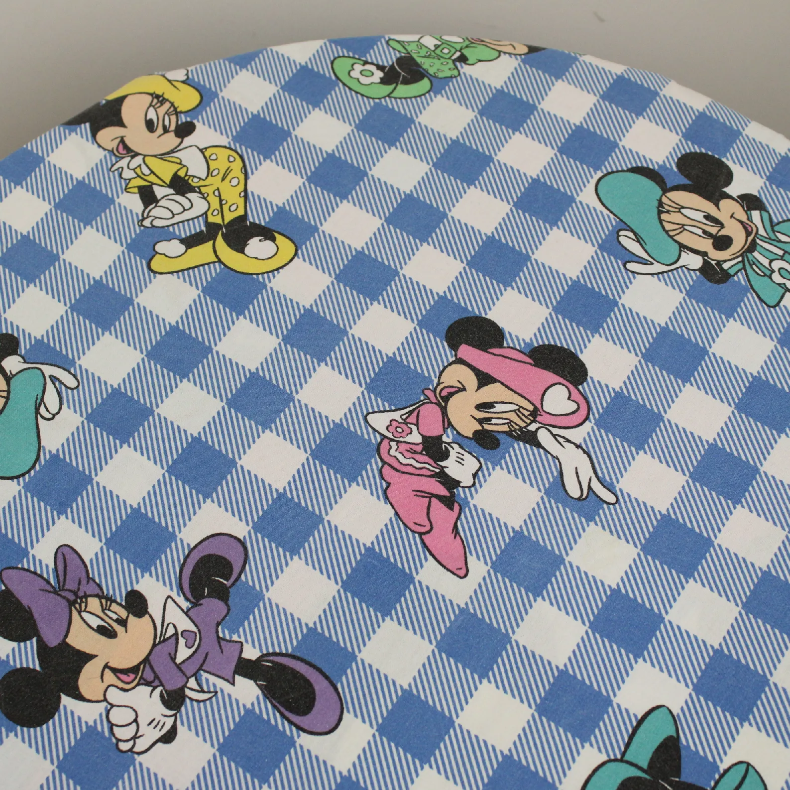 125*85 シーツ解体生地  ミニー 花帽子 水色ギンガム