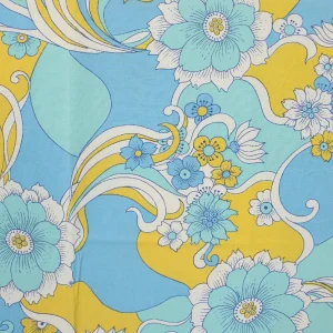 85*60 レトロ 花 植物 流線 ブルー イエロー