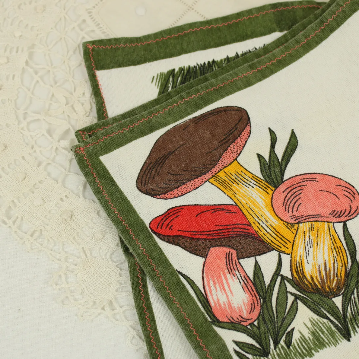 レトロ キッチンクロス きのこ シャンピニオン モスグリーン