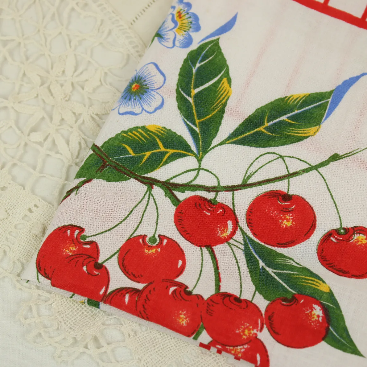 赤いストライプ キッチンクロス さくらんぼ 果物