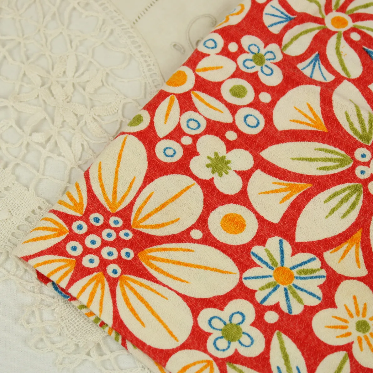 レトロ キッチンクロス 花 カラフル 赤
