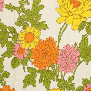 70*60 レトロシック ワイルドフラワー 大きな花 葉 ピンク オレンジ イエロー