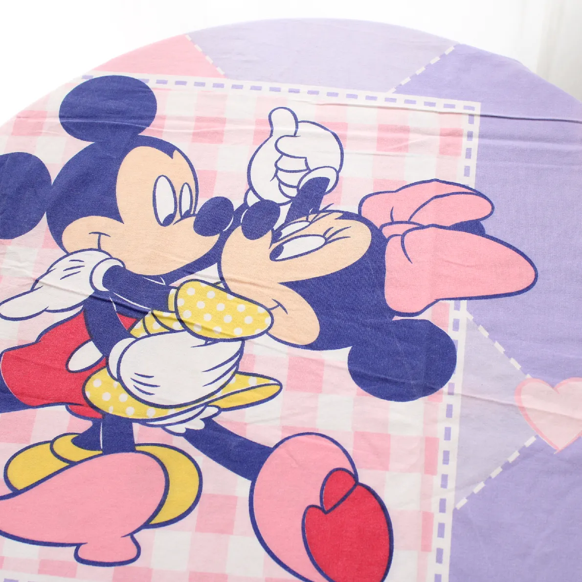 125*185 シーツ解体生地  ミッキー ミニー ダンス ハート＆チェック パープル ピンク