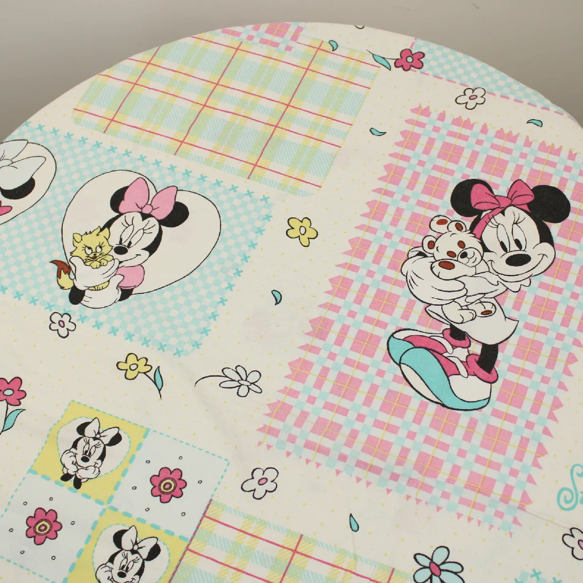 125*90 シーツ解体生地  ミニー ワッペン チェック 花
