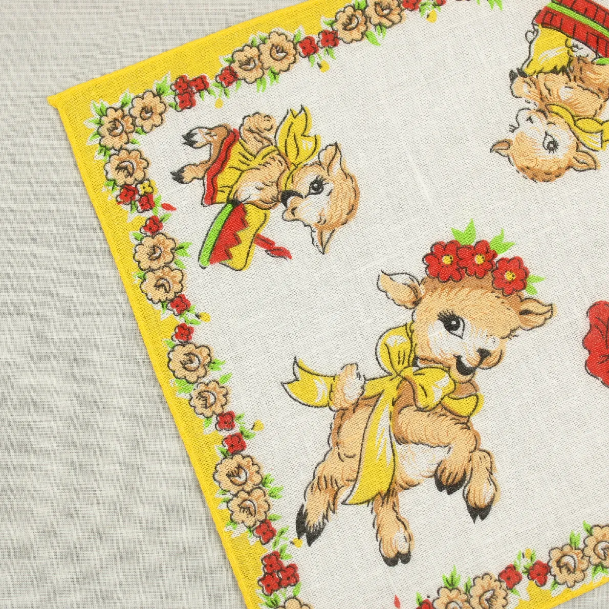 レトロハンカチ 子ヤギ 花 イエロー