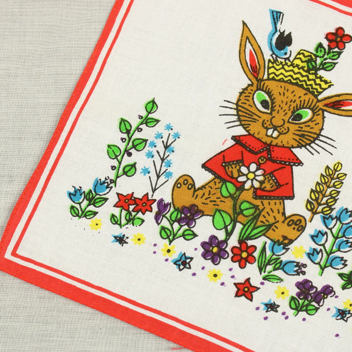 レトロハンカチ ウサギ ボタニカル 赤