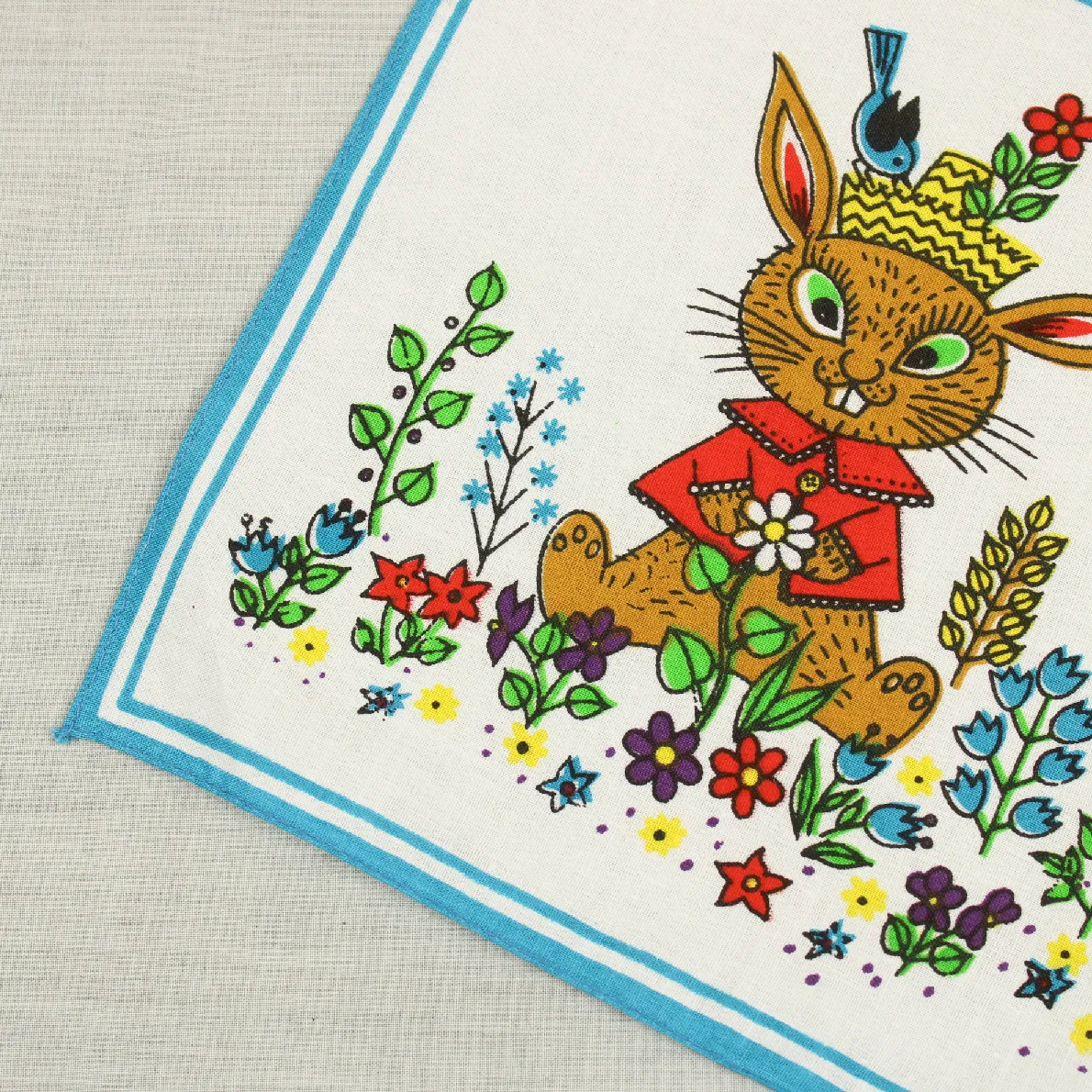 レトロハンカチ ウサギ ボタニカル ブルー