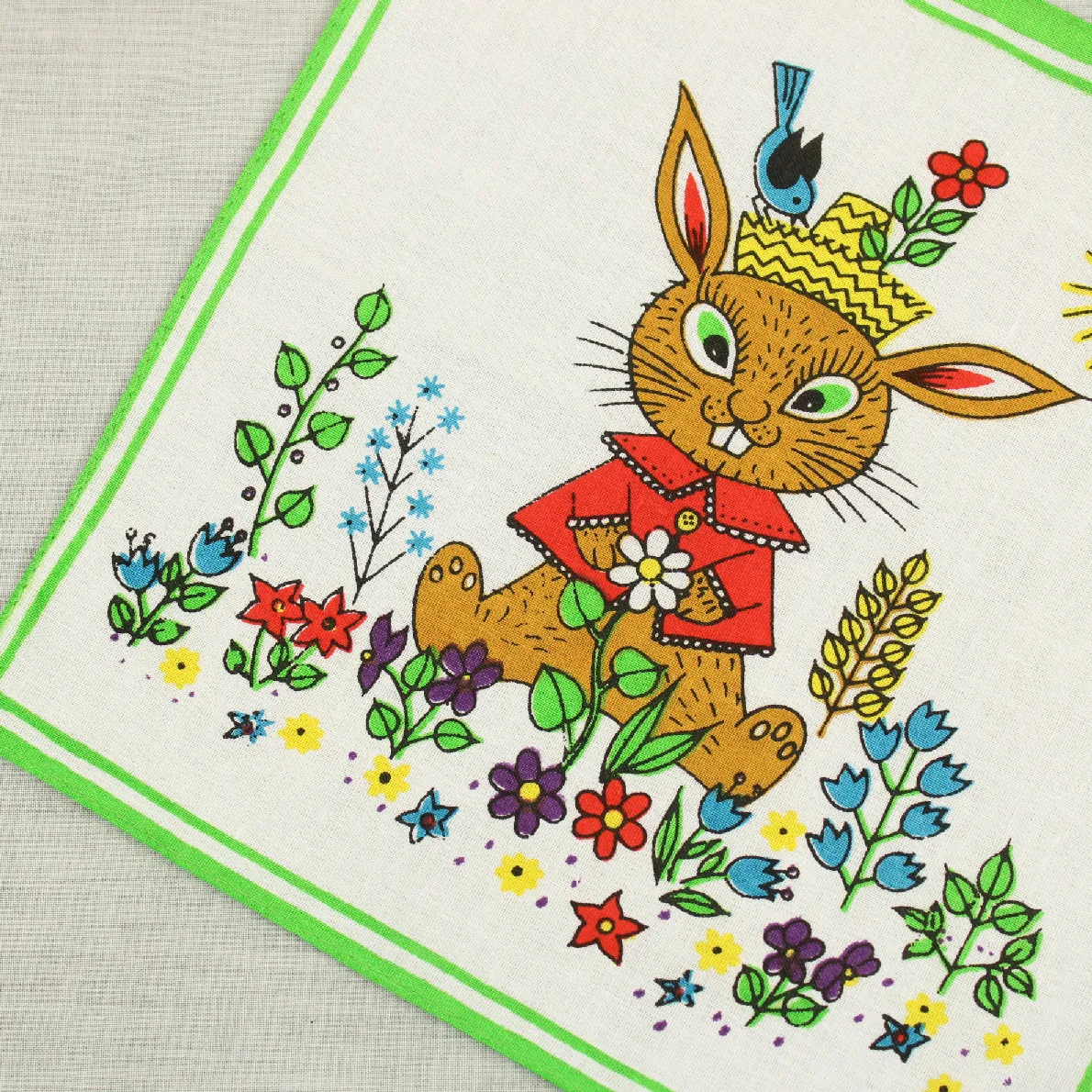 レトロハンカチ ウサギ ボタニカル グリーン