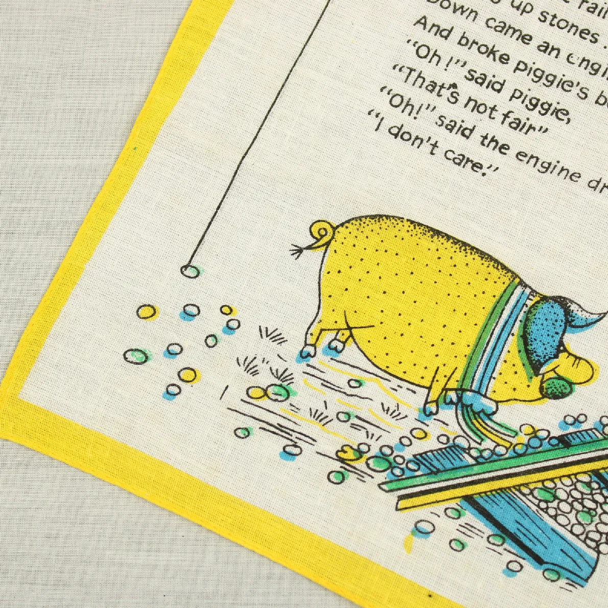 レトロハンカチ ブタ 線路 イエロー