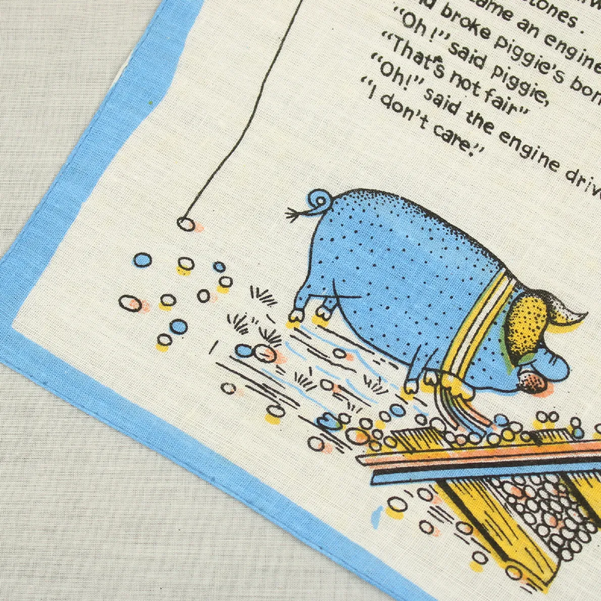 レトロハンカチ ブタ 線路 ブルー