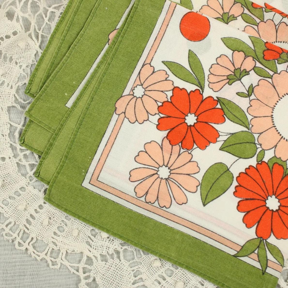 1枚 ランチクロス レトロ 花 モスグリーン オレンジ