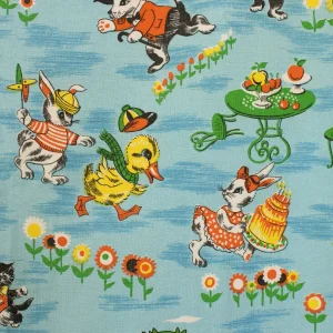 キッズ布団カバー レトロアニマル ヒヨコ イヌ ネコ ウサギ ブルー